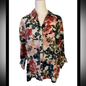 100% Linen Button Up Blouse Floral Print By JM Collection Size 12